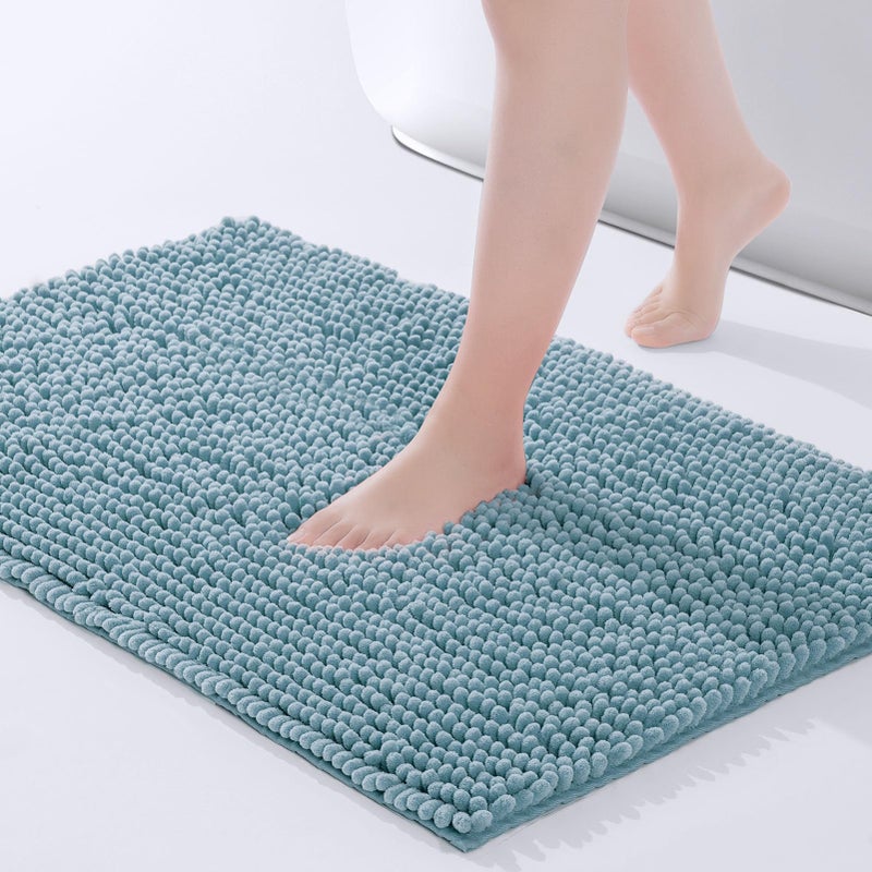 FRESHMINT Chenille Bathroom Rugs Mat 32â€x20â€, Non-Slip Bath Mat for Bathroom Floor & Bathtub, Washable Soft Shower Shag Bath Rugs, Durable Fluffy Thick Water Absorbent Microfiber Shower Mat, Blue - Image 1